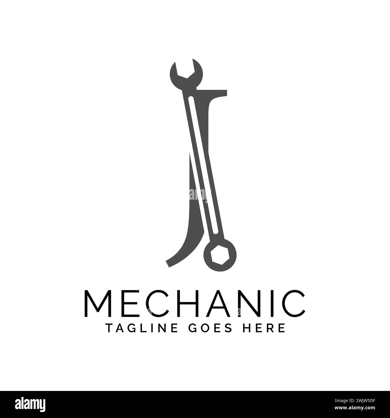 letter J logo with wrench. Alphabet J Spanner logo design Stock Vector