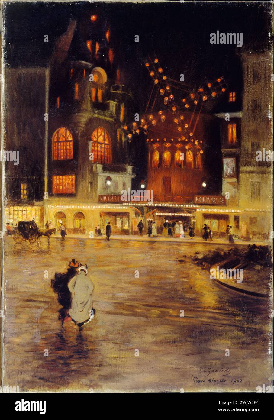 Edouard Zawiski (active late 19th century, early 19th century). 'The white square, the red mill, evening effect'. Oil on canvas, 1902. Paris, Carnavalet museum. 36492-1 Cabaret, night, woman, yellow, electric light, walking, Montmartre, monument, Moulin Rouge, Music-Hall, work of art, Passing, Pieton, Place Blanche, Place Public, Rue, Performance, Scene of life, Urban scene, painting, nightlife, night view, city, 19th 19th 19th 19th 19th 19th century, oil on canvas, Illumination Stock Photo