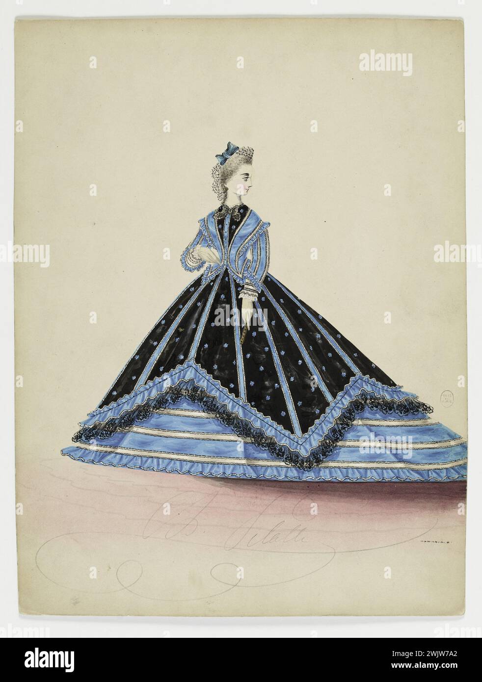 Charles Pilatte for the Ghys house. Model-figure for seamstress. City dress with buttoned jacket in front, Basques with tips, bordered with blue steering wheel, first black skirt with blue floral patterns and blue bias cut in teeth bordered with black lace ruffles, second blue skirt with white stripes and blue steering wheel in white top , MADAME GHYS model. Watercolor on cardboard. 1860-1870. Galliera, fashion museum of the city of Paris. 37834-11 With an button jacket in front, watercolor on cardboard, Basque with tip, blue and bias, borde steering wheel black lace, blue flywheel, toothpage, Stock Photo