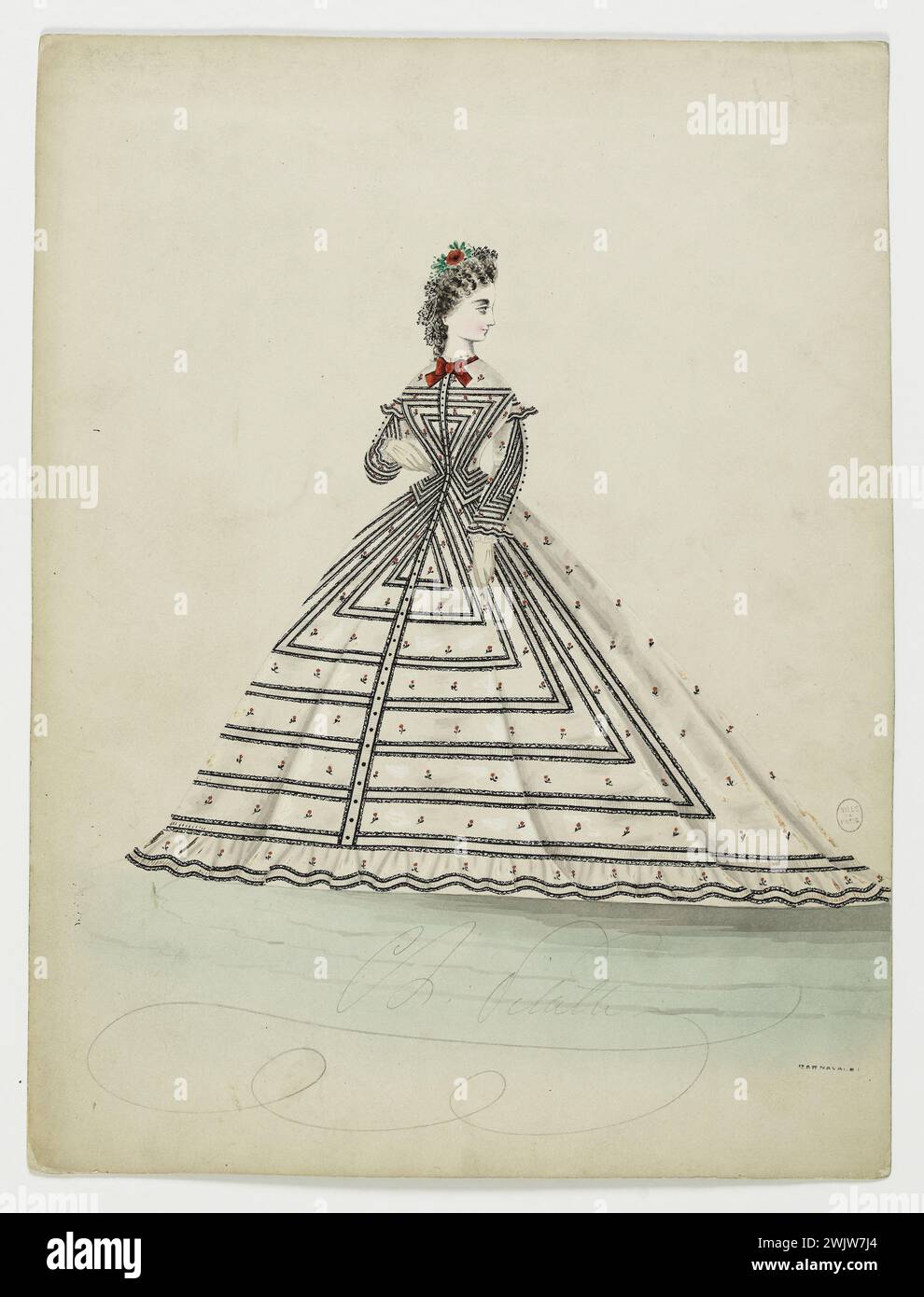 Charles Pilatte for the Ghys house. Model-figure for seamstress. White town dress with sowing small red flowers and decorated with stripes bordered with black lace forming triangular geometric pattern on the skirt and the bodice, buttoned dress from top to bottom with a red node to the pass, Madame Ghys model. Watercolor on cardboard. 1860-1870. Galliera, fashion museum of the city of Paris. 37833-5 A sowing, watercolor on cardboard, white, bodice, black lace, in front, female, young woman, house ghys, model-figure, female model, geometric pattern, red node to collar, tall ribbed, small red fl Stock Photo