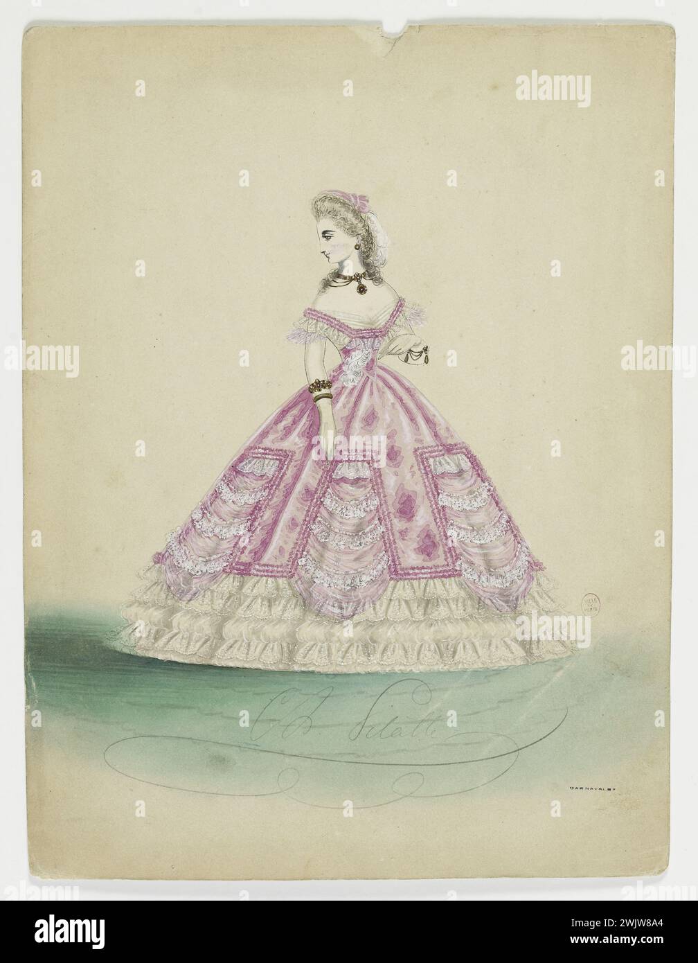 Charles Pilatte for the Ghys house. Model-figure for seamstress. Mauve city dress, buttoned bodice in front, Berthe and black knot with neck, sleeves with pleated ruffles and swollen cuffs on the wrist, golden loop belt, cut sides bordered with pleated flywheels, Madame Ghys model. Watercolor on cardboard. 1860-1870. Galliera, fashion museum of the city of Paris. 37832-5 Watercolor on Carton, Berthe, Borde, Doree loop belt, Boutonne, female, young woman, Pan Decoupe, Ghys house, Row handle, Inflagrated cuff with wrist, Figure Moquette, Mauve, Feminin Model, Black knot Neck, for couturiere, tow Stock Photo