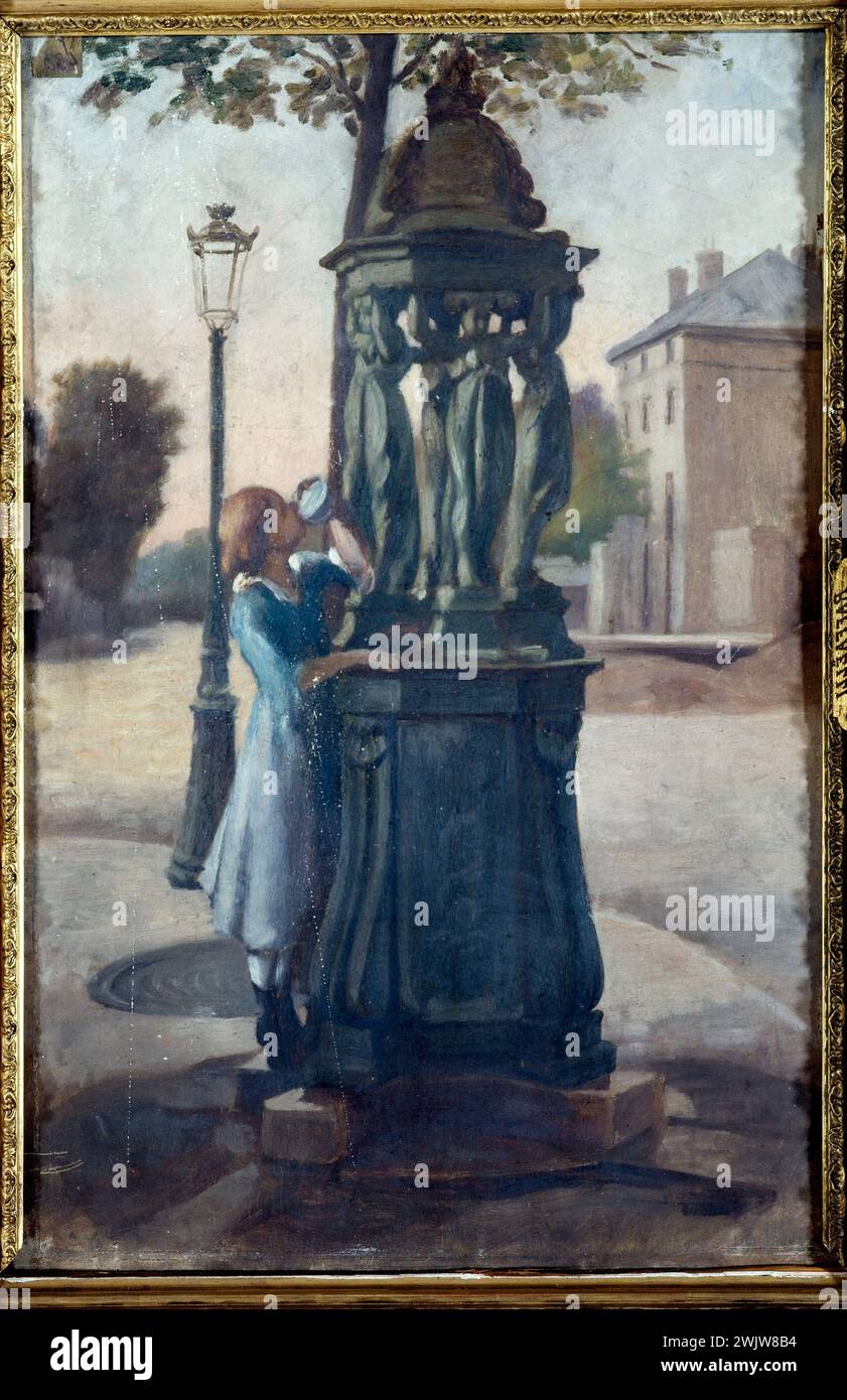 André Gill (André Gosset de Guines, dit - 1840-1885). 'A Wallace fountain'. Oil on wood. Paris, Carnavalet museum. Drinking, fountain, wood on wood, young girl, floor lamp, urban furniture, scene rue, sesalterer, Wallace Richard Stock Photo