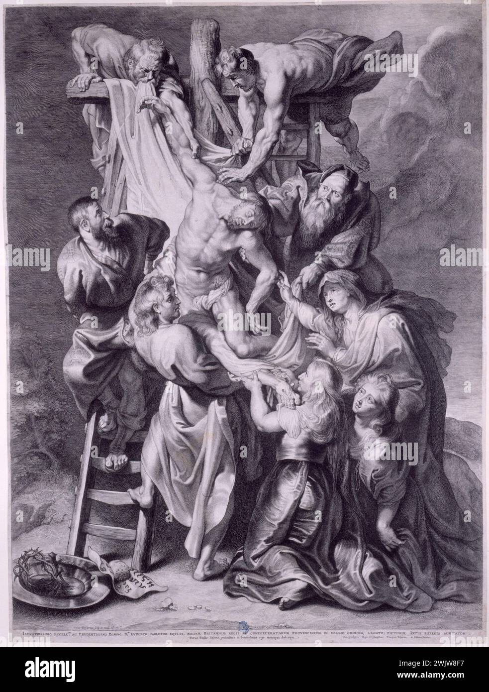 Lucas Vorsterman (1595-1675). 'La Grande Descent de Croix', engraving after the work of Pierre-Paul Rubens (1577-1640), preserved in the Cathedral of Notre-Dame d'Antvers. Museum of Fine Arts of the City of Paris, Petit Palais. 27019-19 Bible, corpse, Catholic, Christian Christian, Cross, Christ, Descent, Death, New Testament, Passion, Biblical scene Stock Photo