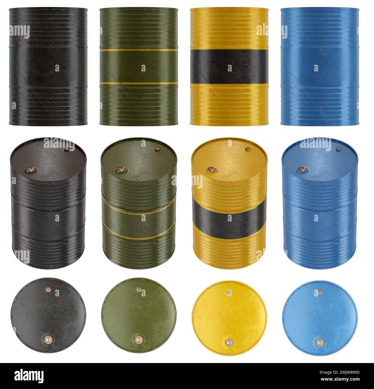 3d render illustration of a set of drum barrels in multiple views and colors. Isolated from background. Stock Photo