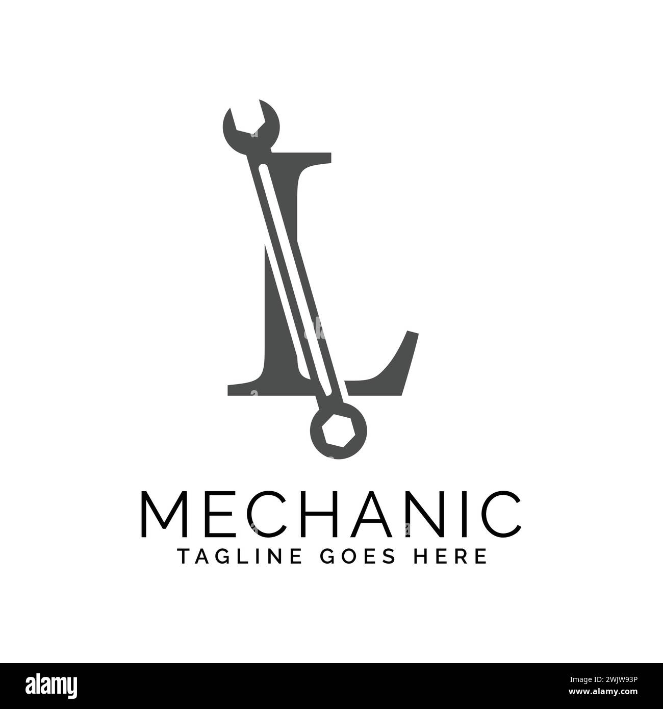 letter L logo with wrench. Alphabet L Spanner Icon design Stock Vector