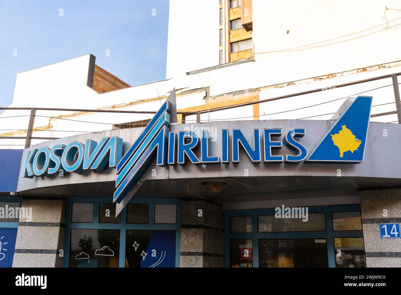 Pristina, Kosovo - February 5, 2024: Sign of the Kosova Airlines ticket