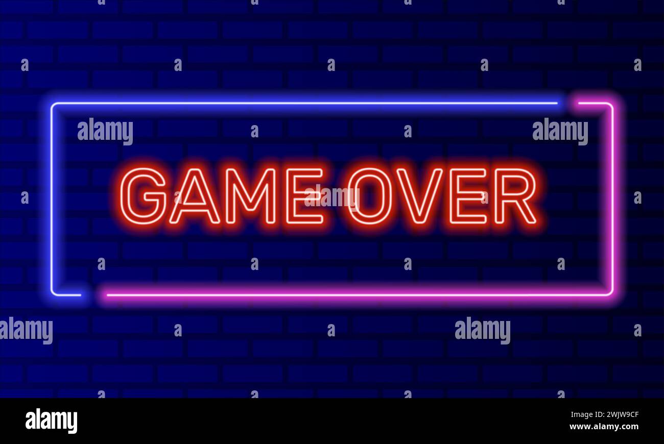 Neon sign game over in speech bubble frame on brick wall background
