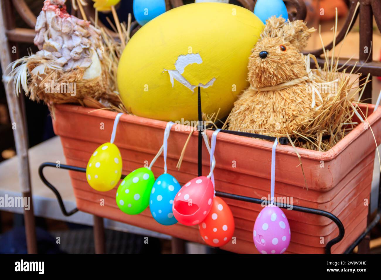 Easter decoration with Easter eggs and Easter bunny in a pot Stock Photo
