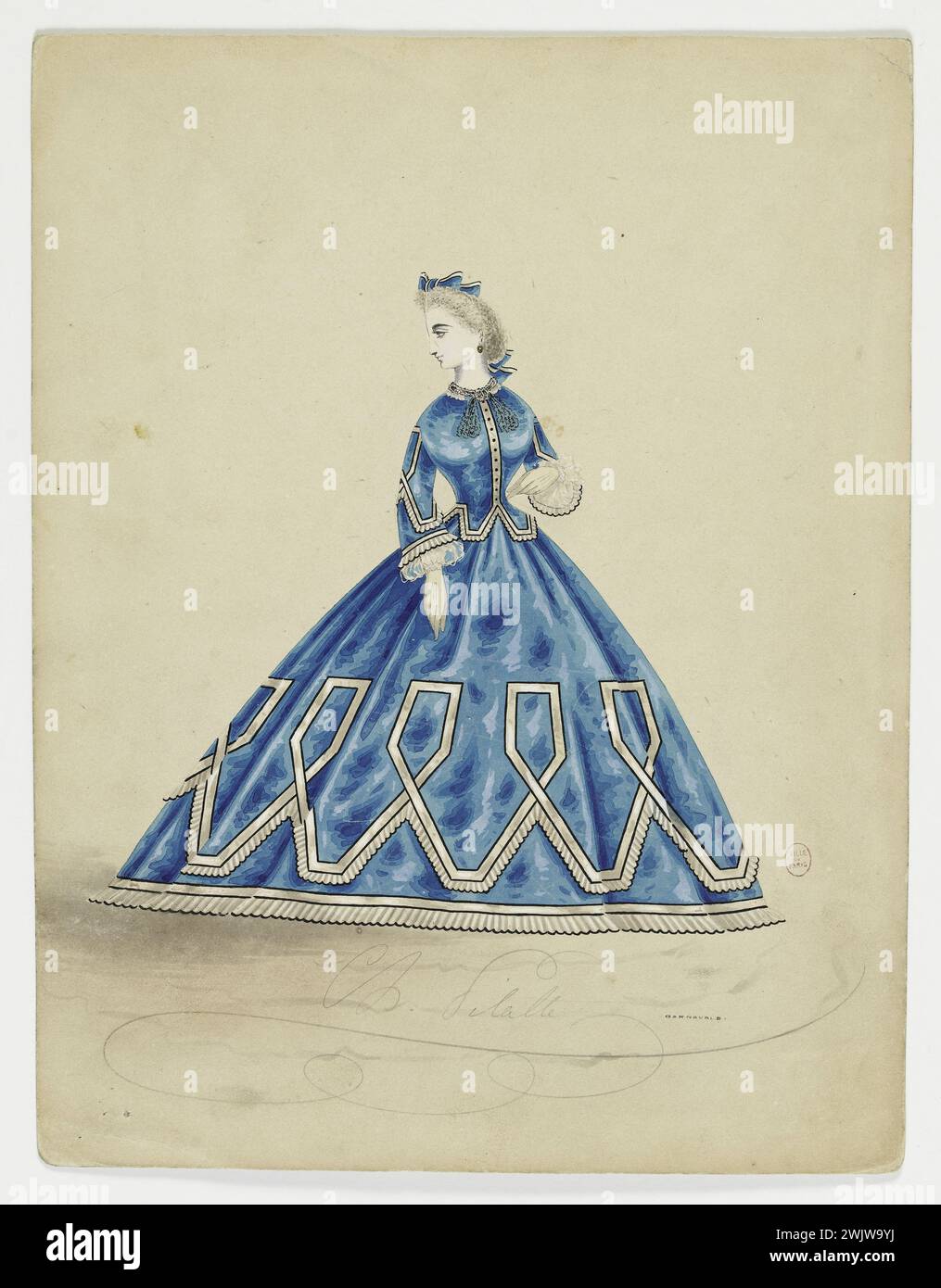 Charles Pilatte for the Ghys house. Model-figure for seamstress. Blue town dress, with cut panel jacket bordered by pleated and black -stricken steering wheel, buttoned in front; Skirt ended with a pleated steering wheel and decorated with this same geometric frieze rocked and bordered by pleated flywheels, model of Madame Ghys. Watercolor on cardboard. 1860-1870. Galliera, fashion museum of the city of Paris. 37832-4 At jacket with pan decoupe, watercolor on cardboard, blue, borde steering wheel folding, fluffy flying, in front of, female, geometrical frieze Galonnee, black galne, young woman Stock Photo