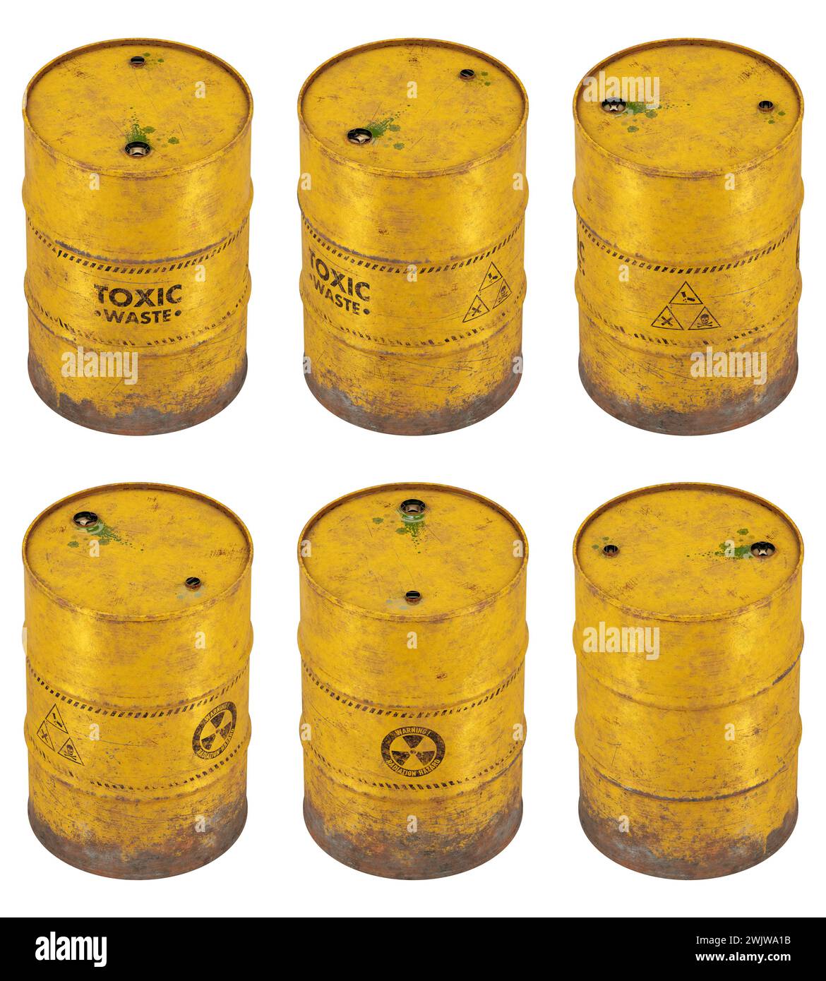 3d render illustration of a set of rusted toxic waste drum barrels  in multiple views. Isolated from background. Different layouts. High quality mater Stock Photo
