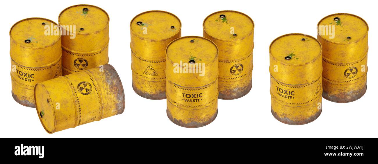 3d render illustration of a set of rusted toxic waste drum barrels  in multiple views. Isolated from background. Different layouts. High quality mater Stock Photo