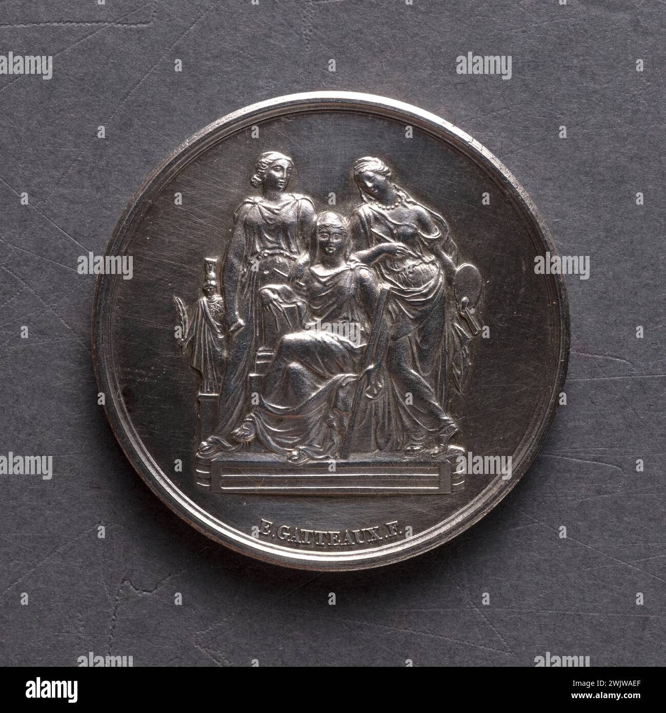 E.GATTEAUX. National School of Fine Arts. Medal in honor of Mr. Girault, in the field of descriptive geometry. 1874. Museum of Fine Arts of the City of Paris, Petit Palais. 79761-17 Allegory, allegorical figure, geometry, mathematics, medal, commemorative object, allegorical character, exact sciences, formal sciences, 19th 19th 19th 19th 19th 19th century Stock Photo
