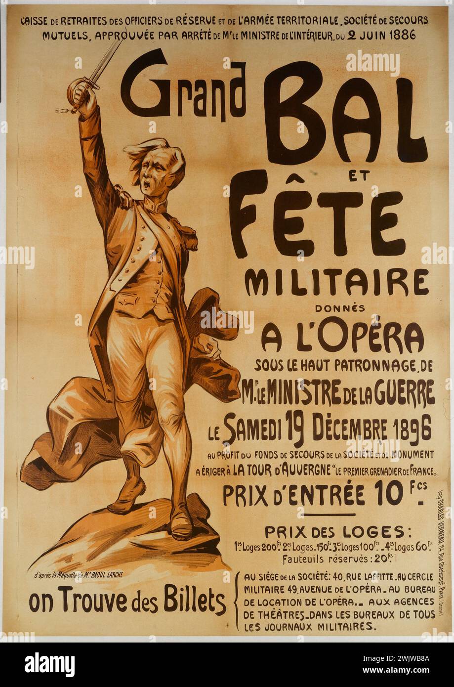 Charles Verneau printing house. 'Large ball and military party given to the opera'. Poster. Color lithography. 1896. Paris, Carnavalet museum. Poster, dance, military party, big ball, lithography, ministry of war, opera, reclamme Stock Photo