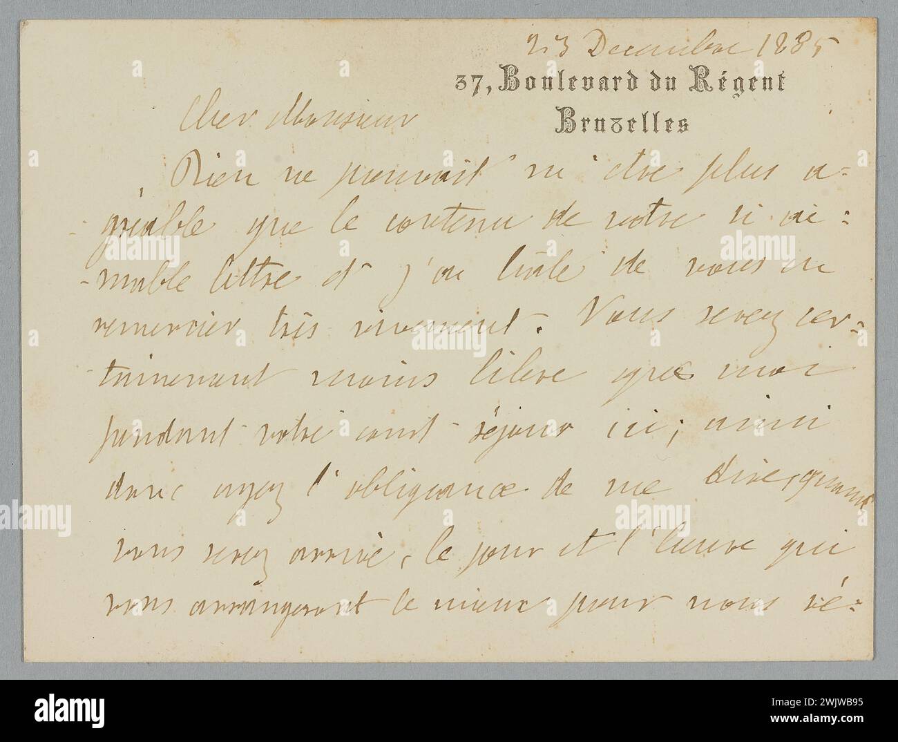 Spoelberch de Lovenjoul, Charles de (n.1836-04-30-D.1907-07-03), letter from the Viscount of Spoelberch from Lovenjoul to Amédée Dutacq (dummy title), 1885-12-23. Business card type card, ink. Balzac house. Stock Photo