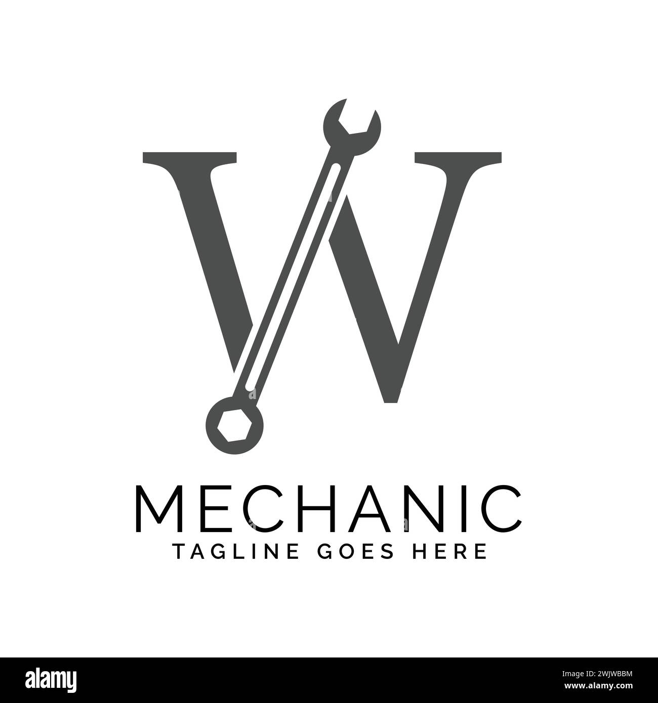 letter W logo with wrench. Alphabet W Spanner Icon design Stock Vector