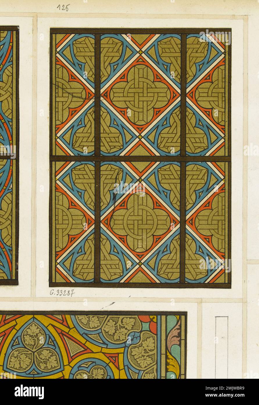 GSELL-Laurent workshop. Album n ° 3; Stained glass motive: quadrilobes and trilobes inscribed in diamonds. Chromolithography. Paris, Carnavalet museum. Album n ° 3, chromolithography, diamond, pattern, quadrilobe, registered trilobe, stained glass Stock Photo