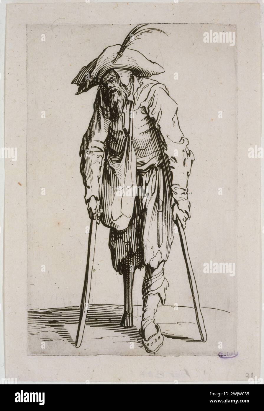 Jacques Callot (1592-1635). 'The beggars, the beggar with a wooden leg, 1st state'. Etching. Museum of Fine Arts of the City of Paris, Petit Palais. 27019-14 Bequille, tramp, man, infirm, nursing, wooden leg, beggar, poverty, homeless, homeless, hat Stock Photo