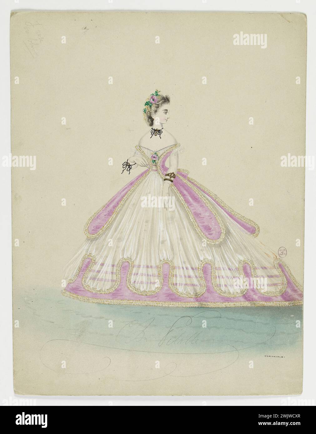 Charles Pilatte for the Ghys house. Model-figure for seamstress. White evening dress, pink rounded panel jacket lined with yellow; Skirt decorated with a frieze of pink waves bordered with yellow detaching on three rows of pink bias at the bottom, model of Madame Ghys. Watercolor on cardboard. 1860-1870. Galliera, fashion museum of the city of Paris. 37833-18 Watercolor on cardboard, white, feminine, young woman, skirt with frieze, ghys house, model-figula, female model, for couturiere, row of pink, evening dress, yellow borde pink, second empire, yellow pink wave, jacket A section rounded Stock Photo