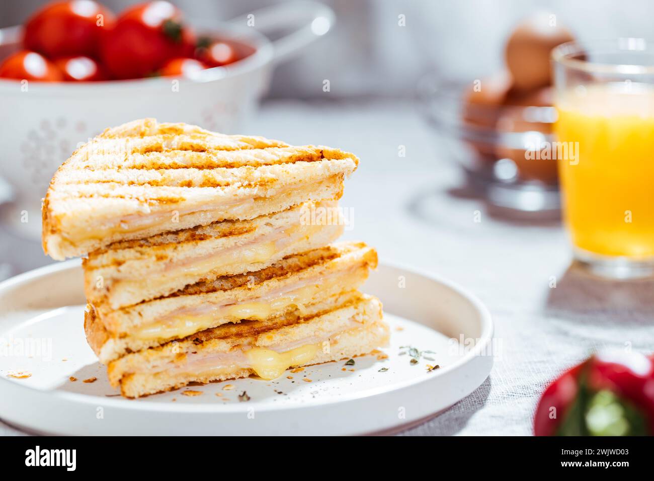 Sliced Cut Toast sandwich with molten Gouda cheese turkey ham on a ...