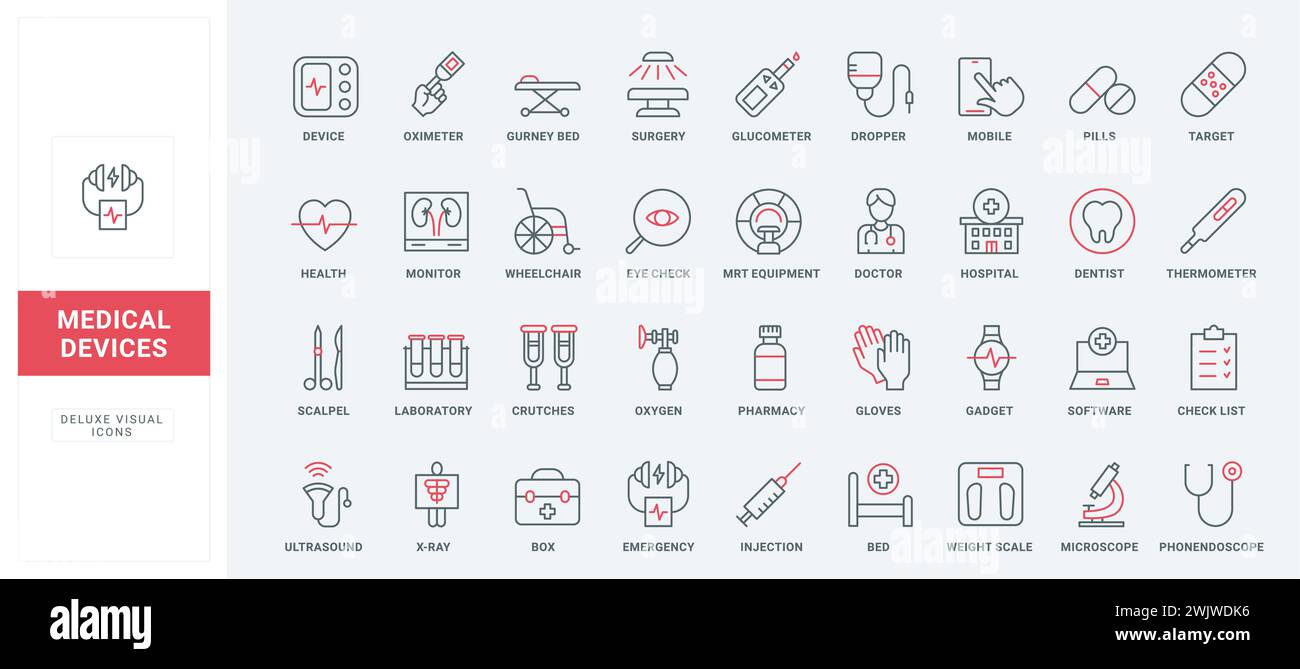 Medical devices and hospital equipment line icons set. Wheelchair and ...