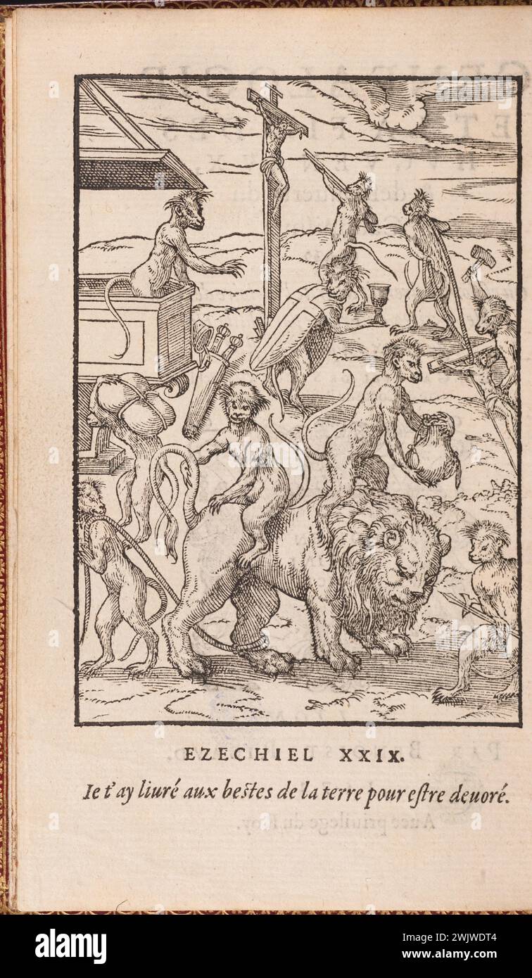 Benoît Rigaud. Genealogy and the end of the Huguenaux. 'Ezechiel XXIX'. Copper engraving. 1572. Museum of Fine Arts of the City of Paris, Petit Palais. Beast, shield, cross, copper, genealogy, lion, monkey, animal, fight, crucifixion, engraving Stock Photo