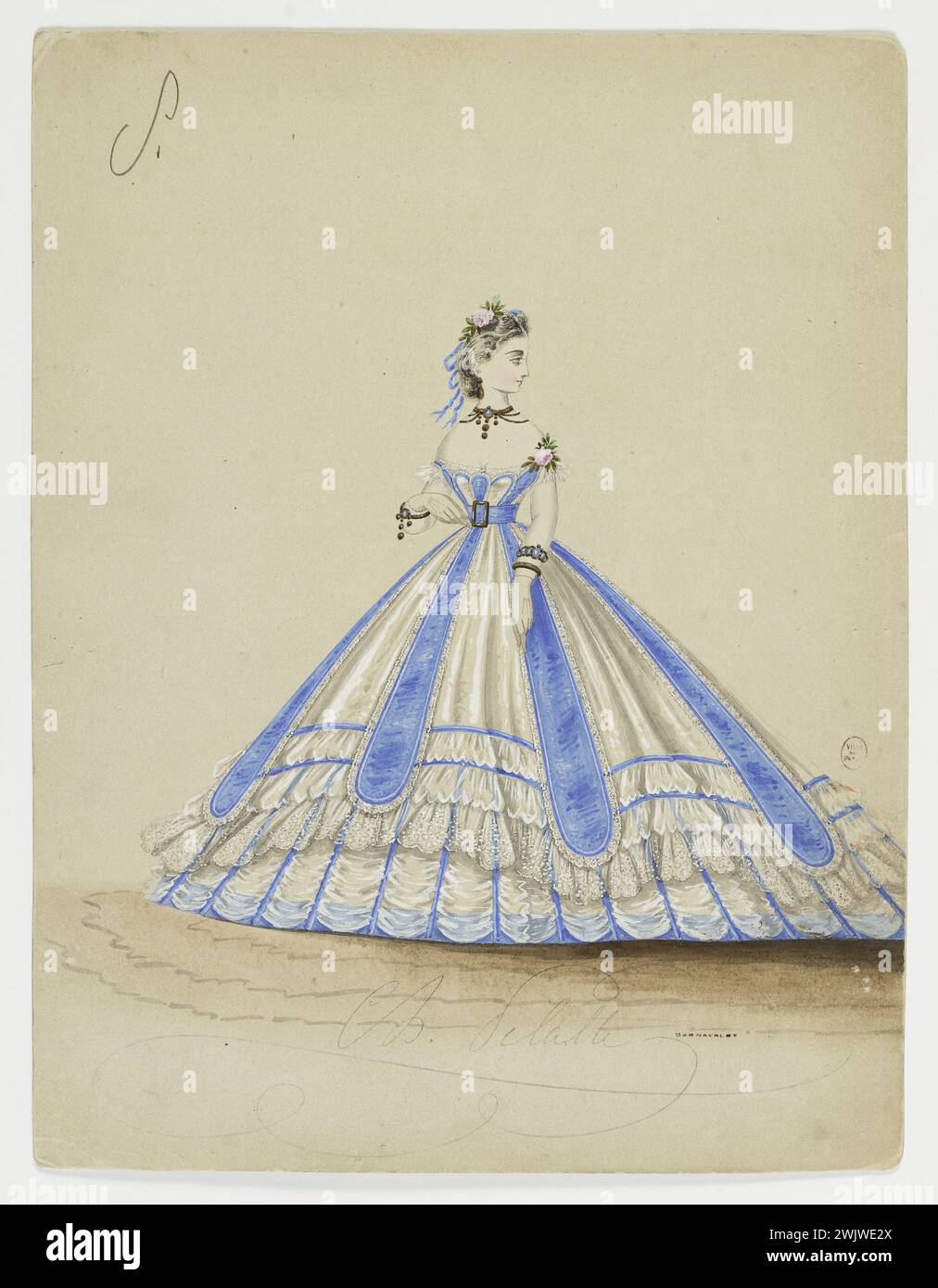 Charles Pilatte for the Ghys house. Model-figure for seamstress. White town dress adorned with bands of blue fabric bordered with white lace, a rectangular loop belt at the waist, rows of white lace flies, pleated, Mrs. Ghys model. Watercolor on cardboard. 1860-1870. Galliera, fashion museum of the city of Paris. 37834-18 Watercolor on cardboard, white, white lace borde, rectangular buckle, belt, female, young woman, house ghys, female model, female model, ornnee blue fabric band, pleases, for seamstress, white lace ride, city dress, second EMPIRE Stock Photo