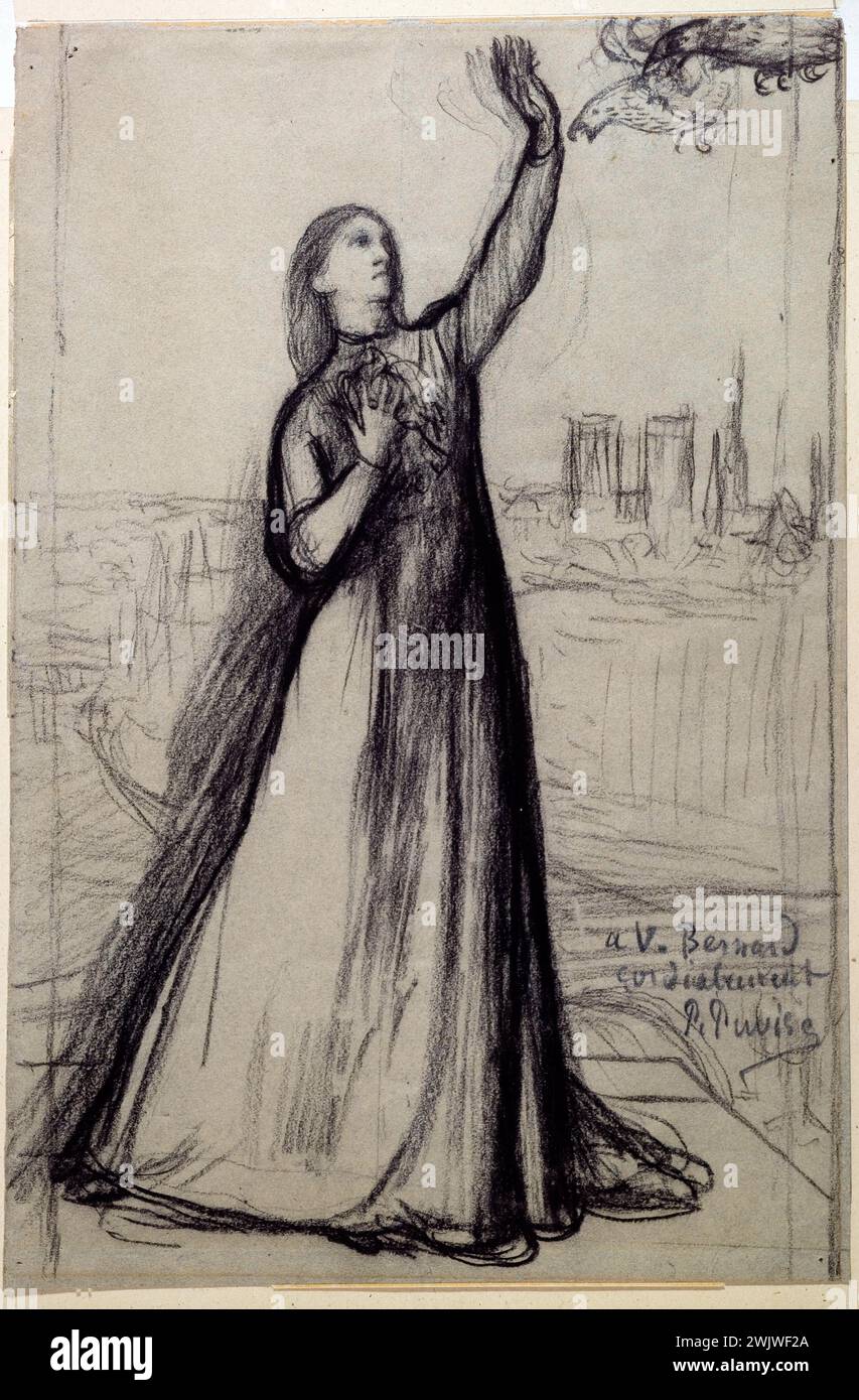 Pierre Puvis de Chavannes (1824-1898). 'Study for the traveling pigeon - standing woman, from the front, chasing an eagle of the left hand'. Drawing. Museum of Fine Arts of the City of Paris, Petit Palais. Eagle, allegory, hunting, standing, drawing, study, woman, face, war 1870, left hand, bird, traveler pigeon, sequege city Stock Photo