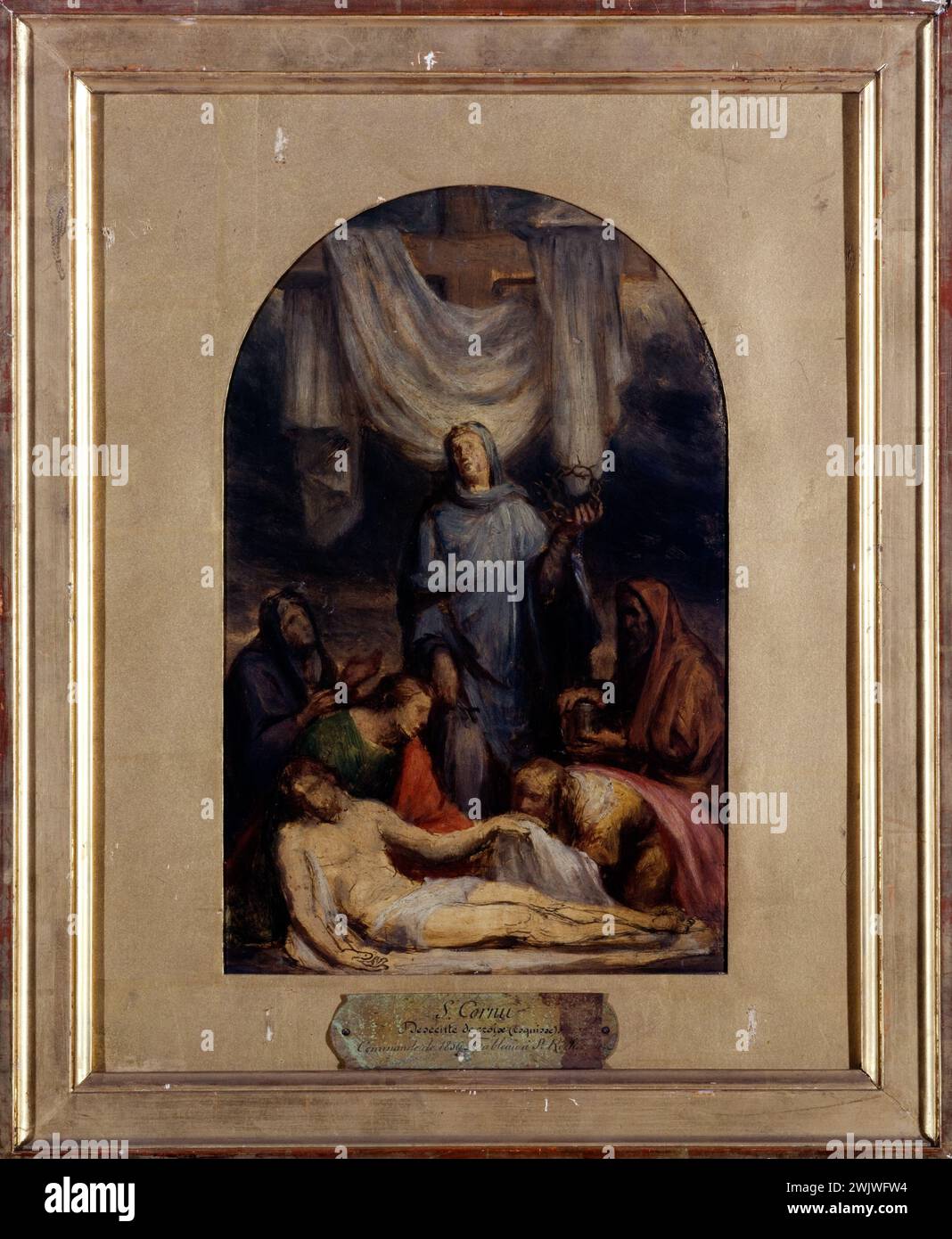 Sébastien Melchior Cornu (1804-1870). 'Jesus descended from the cross'. Sketch for the Saint-Roch church. Oil on wood (or metal?), 1860-1870. Museum of Fine Arts of the City of Paris, Petit Palais. 52011-3 Cadver, Catholic, Christian Chretian, Crown Epine Epines, Deposition, Cross descent, Saint-Roch Church, Sketch, Wood Oil, Painful Mysteria, New Testament, Passion, Biblical Scene Stock Photo