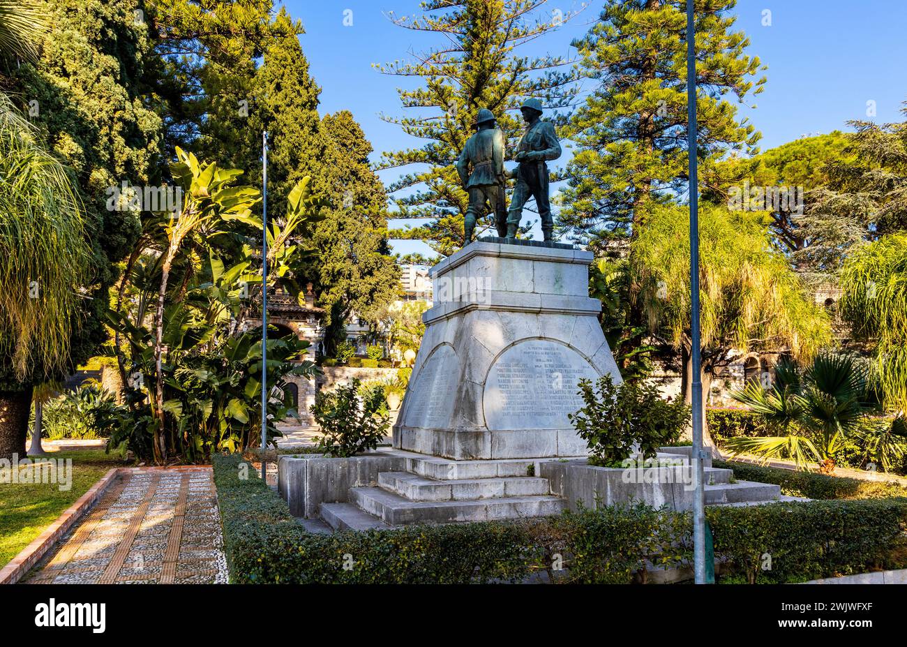 Taormina, Sicily, Italy - February 15, 2023: Monument to the Fallen of the World Wars Monumento ai Caduti in Villa Comunale Taormina Parco Florence Stock Photo