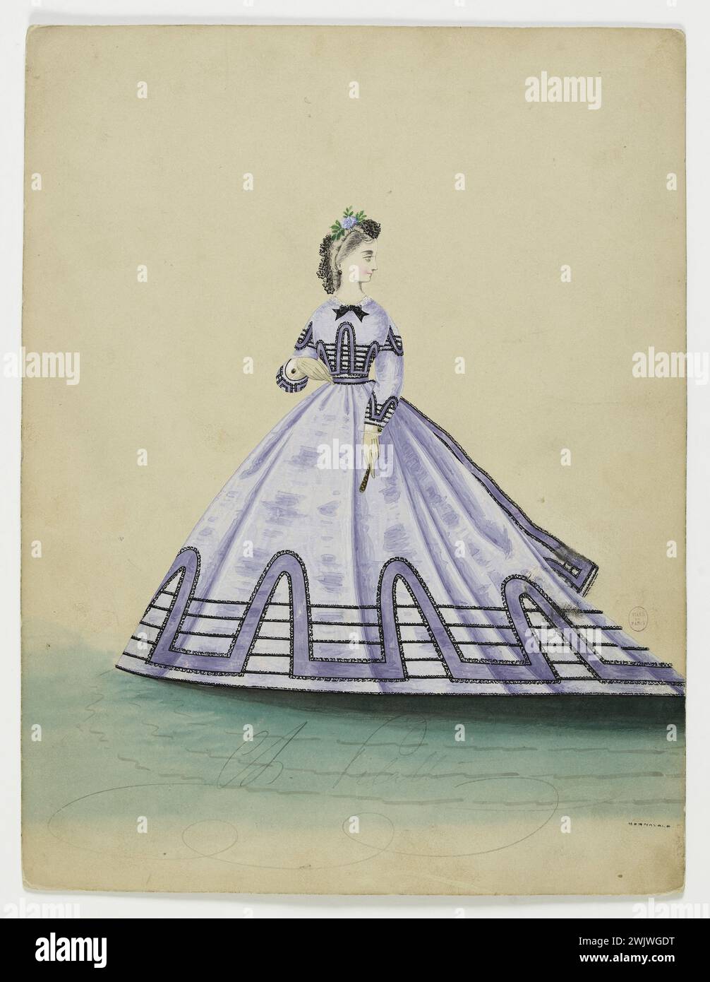 Charles Pilatte for the Ghys house. Model-figure for seamstress. Lilac city dress, black knot on the neck, geometric pattern in arabesque bordered by black lace on the bodice and the bottom of the skirt, belt knotted on the back, model of Madame Ghys. Watercolor on cardboard. 1860-1870. Galliera, fashion museum of the city of Paris. 37833-19 Watercolor on cardboard, arabesque, borde black lace, knotted belt, bodice, female, young woman, lilac, house ghys, female model, female model, geometric pattern, black knot on the neck, for couturiere, city dress, second EMPIRE Stock Photo