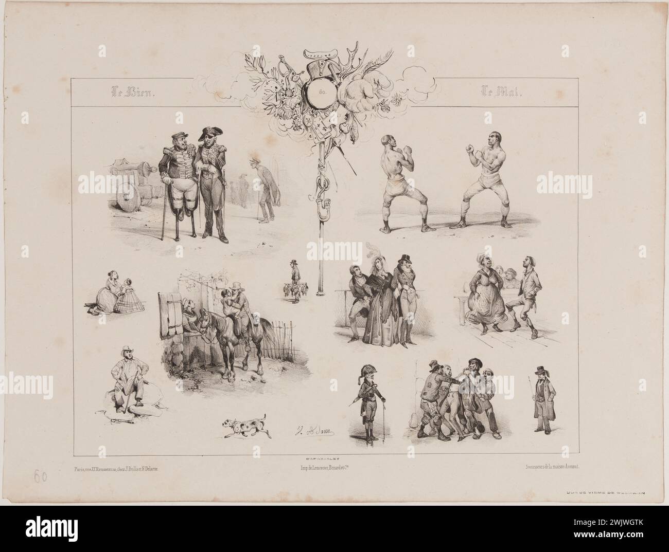 Jean-Victor Adam, known as Victor Adam (1801-1866), French painter and lithographer. Album 'Le Bien et le Evil', (Pl.60). Lithography, 19th century. Paris, Carnavalet museum. 78055-7 Album The Good and Evil, BEQUILLE, Boxing, Boxer, Boxer, Horse, Dance, Dance, Dancer, Drawing, Kissing, Child, Person, Man, Illustration, Invalid of War, Lithography, Mutile, Character, Breeder, XIXth XIXth XIX 19th 19th 19th century, dog, couple, scene Stock Photo