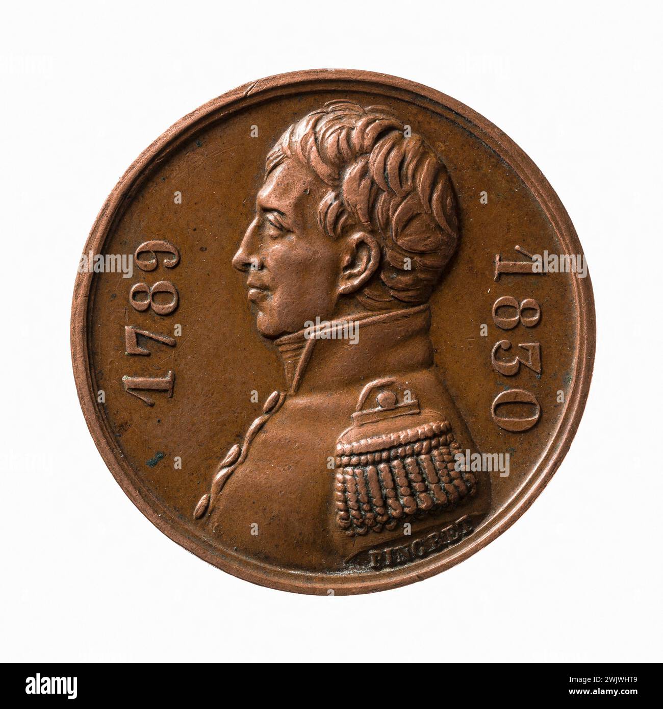 Joseph Arnold Pingret (1798-1862). Tribute to Lafayette by the Voltigeurs de Chaillot, August 28, 1830. Copper, 1831. Paris, Musée Carnavalet. Medal, numismatics Stock Photo