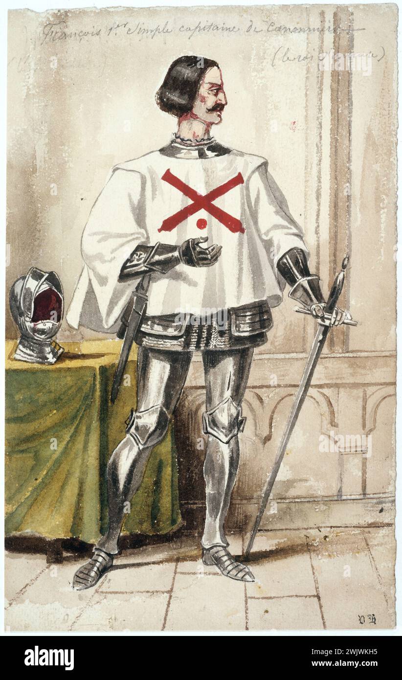 Louis Boulanger (1806-1867). 'Costume model for François I in captain, in the creation of the king has fun at the Comédie Française on November 22, 1832'. Watercolor. Paris, house of Victor Hugo. 38945-13 Armor, captain, french comedy, scene costume, spell, model, king France, king has fun Stock Photo