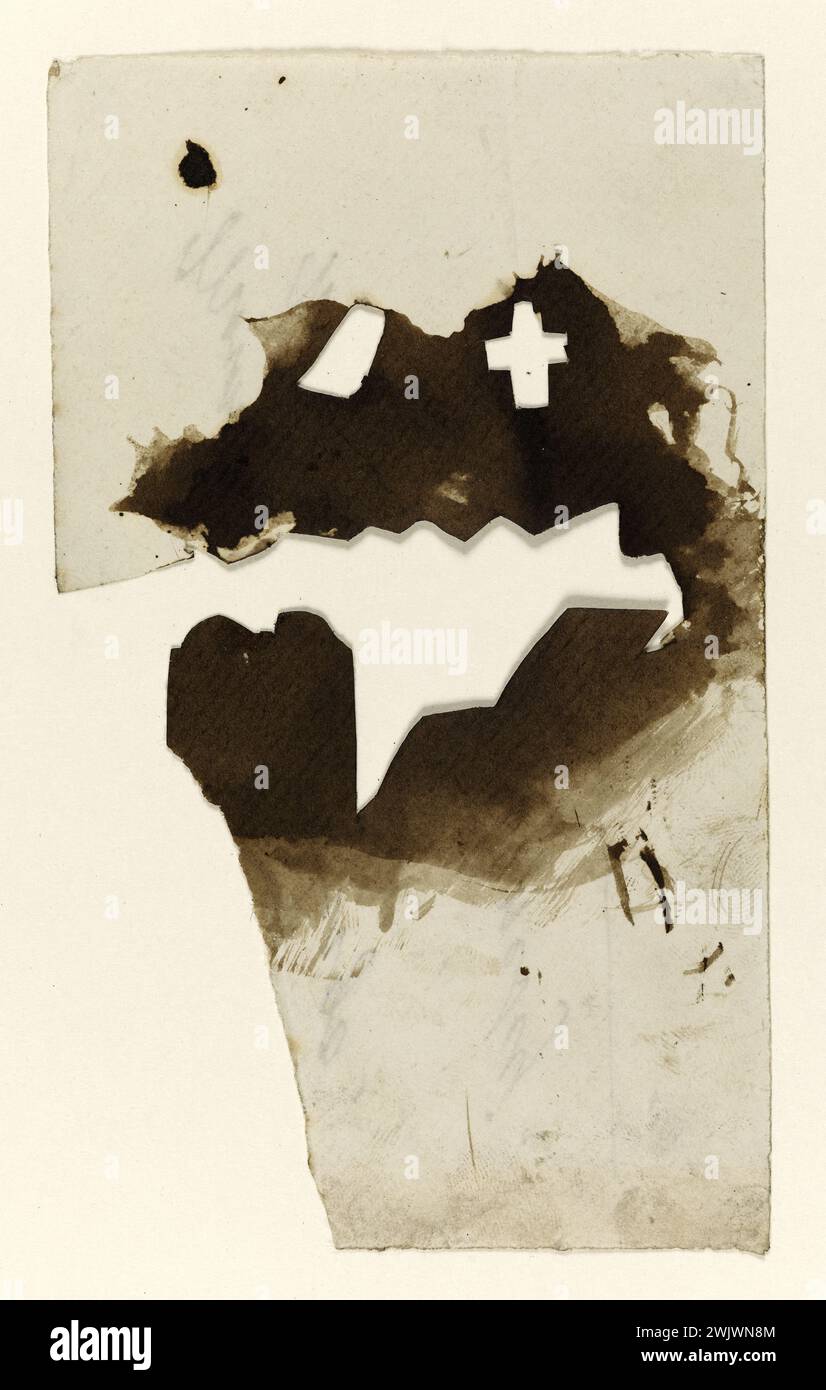 Victor Hugo. 'Clected paper with a cross or study for the grave of Léopoldine'. Mixed technique (cutting, brown wash). 1858. Paris, house of Victor Hugo. 74552-5 Cross, death, religious symbol, mixed technique Stock Photo