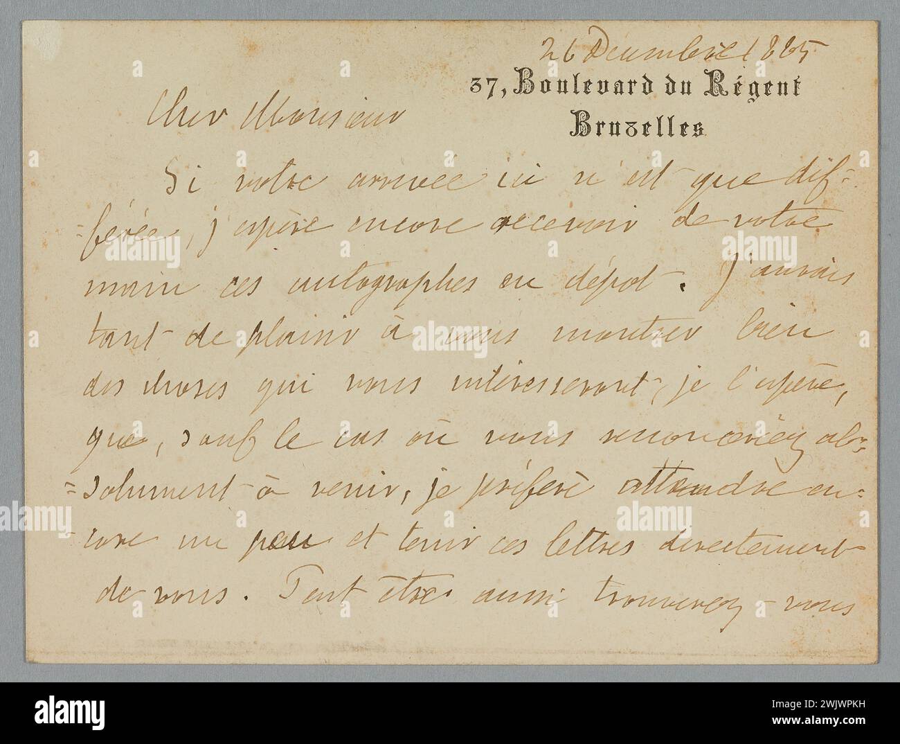 Spoelberch de Lovenjoul, Charles de (n.1836-04-30-D.1907-07-03), letter from the Viscount of Spoelberch from Lovenjoul to Amédée Dutacq (dummy title), 1885-12-26. Business card type card, ink. Balzac house. Stock Photo