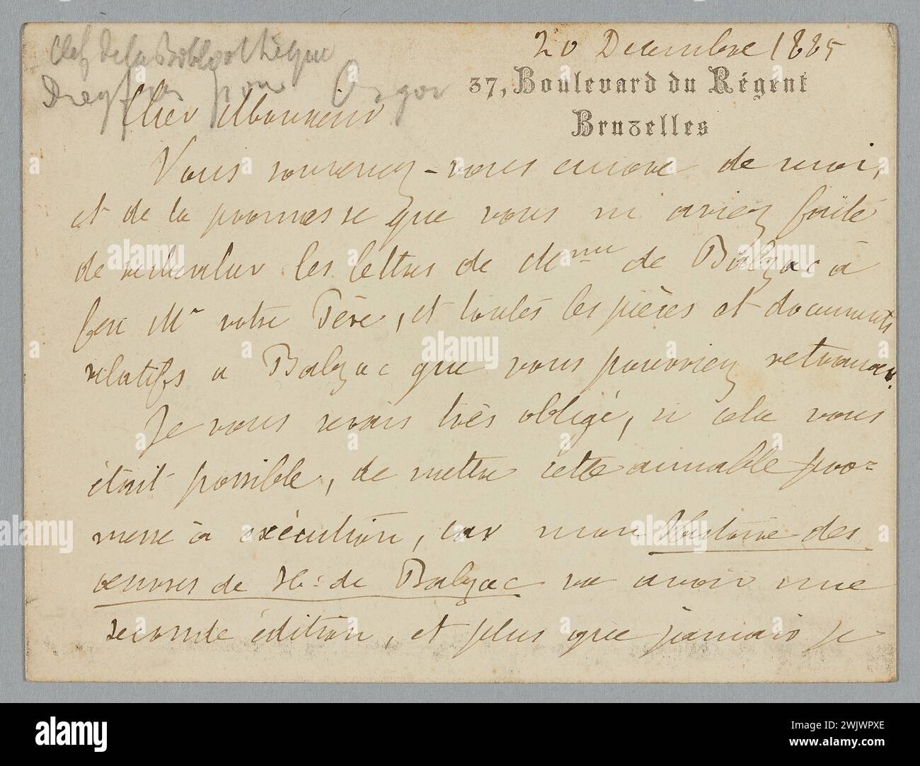 Spoelberch de Lovenjoul, Charles de (n.1836-04-30-D.1907-07-03), letter from the Viscount of Spoelberch from Lovenjoul to Amédée Dutacq (dummy title), 1885-12-20. Business card type card, ink. Balzac house. Stock Photo