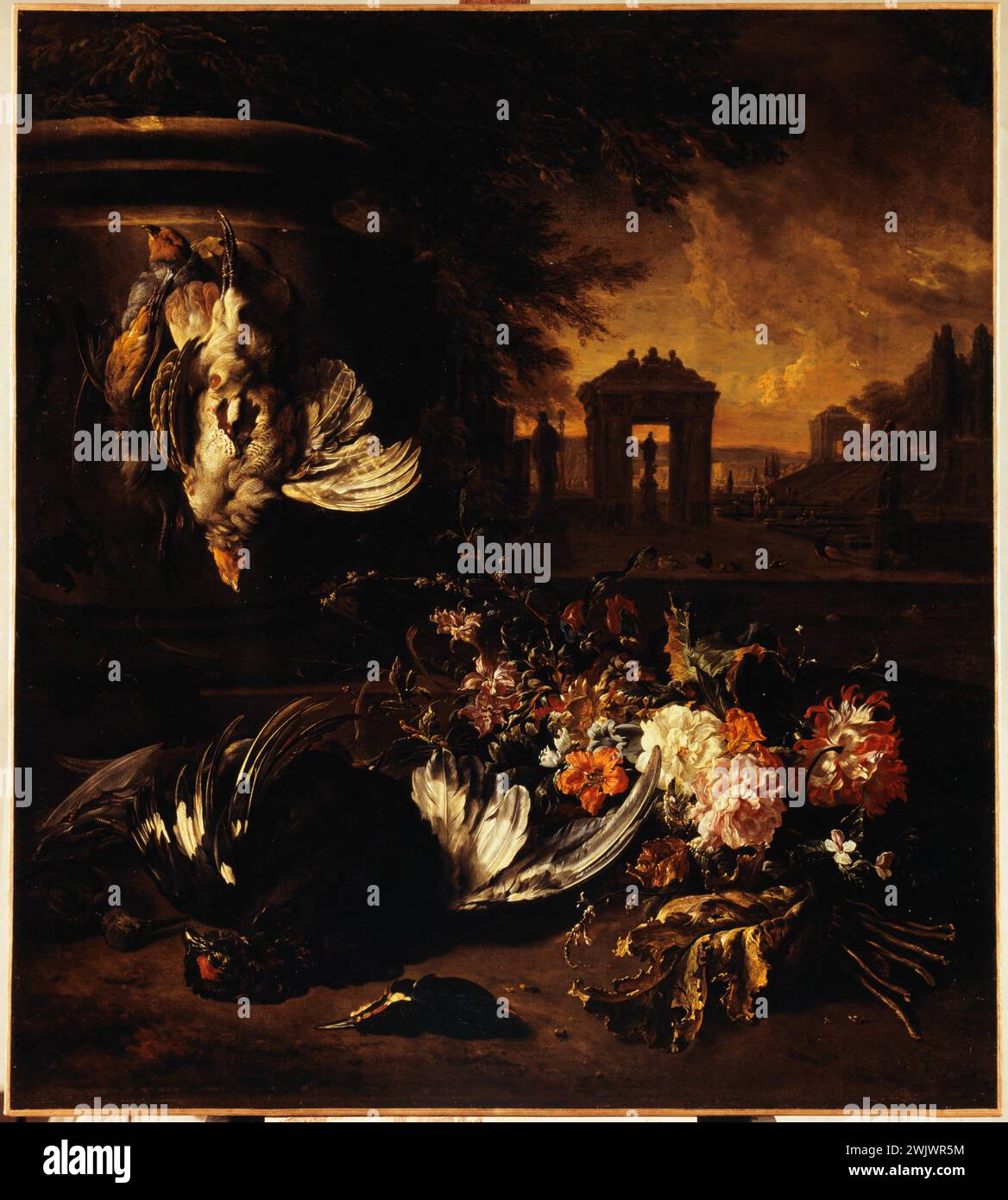 Jan Weenix (1621-1661). 'Flowers and game dead in front of a landscape'. Oil on canvas. 1662. Museum of Fine Arts of the City of Paris, Petit Palais. 74388-19 Allegory, flower, game, death, bird, landscape, animal, oil on canvas, still life Stock Photo