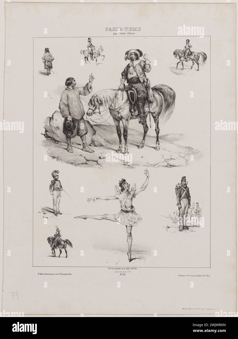 Jean-Victor Adam, known as Victor Adam (1801-1866), French painter and lithographer. Album 'Pass-temps' (Pl.79). Lithography, 19th century. Paris, Carnavalet museum. 78051-29 Passe-time album, rider, horse, dancer, drawing, illustration, lithography, character, soldier, 19th 19th 19th 19th 19th 19th century Stock Photo