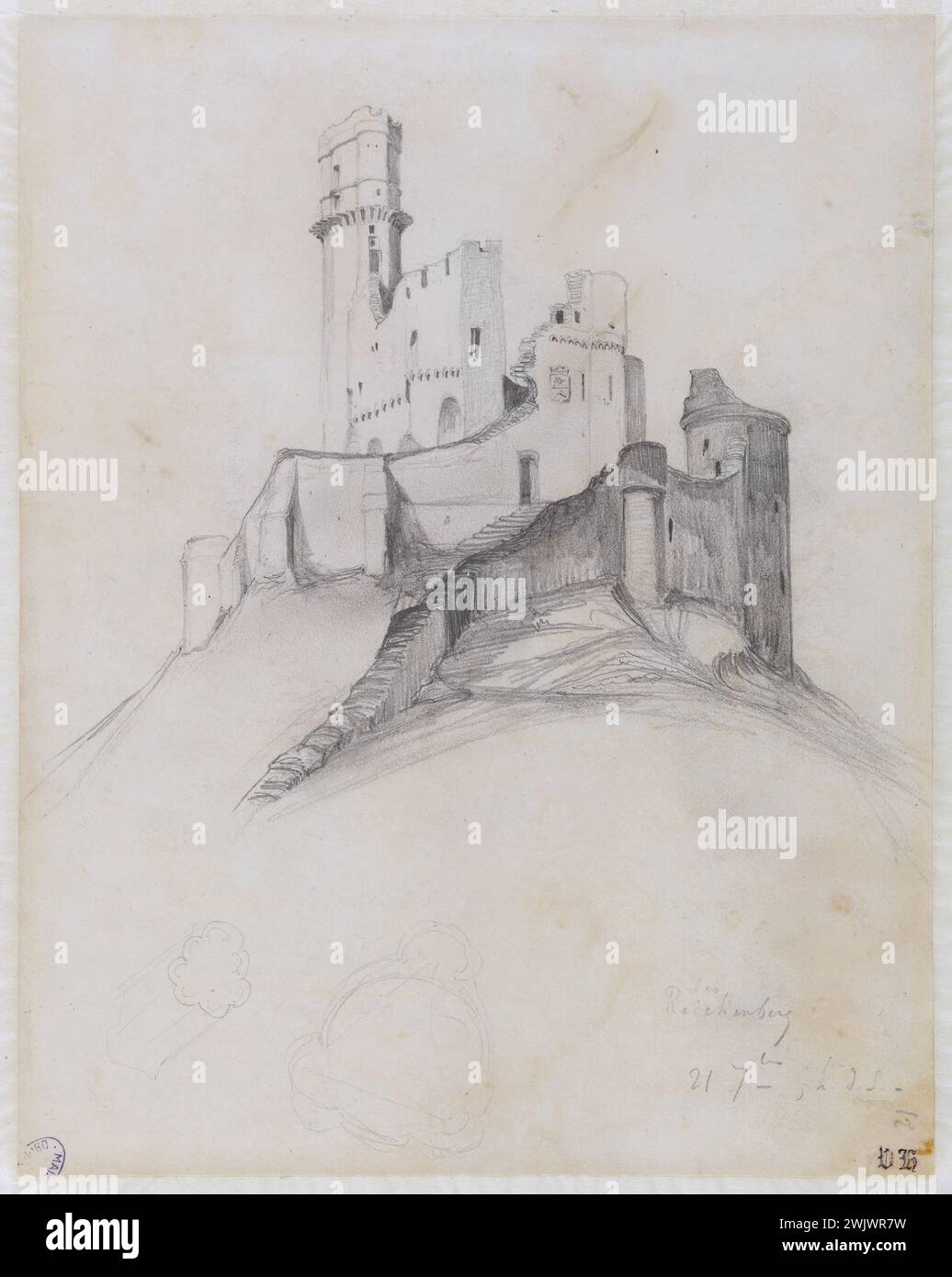 Victor Hugo (1802-1885). 'Reichenberg'. Graphite pencil on a leaf of vellum paper from an album. September 21, 1840. Paris, house of Victor Hugo. Architecture Medievale, album, chateau-combing, graphite pencil drawing, speaker, velin paper, reichenberg, tower, counterattheme, 19th 19th 19th 19th 19th 19 Stock Photo