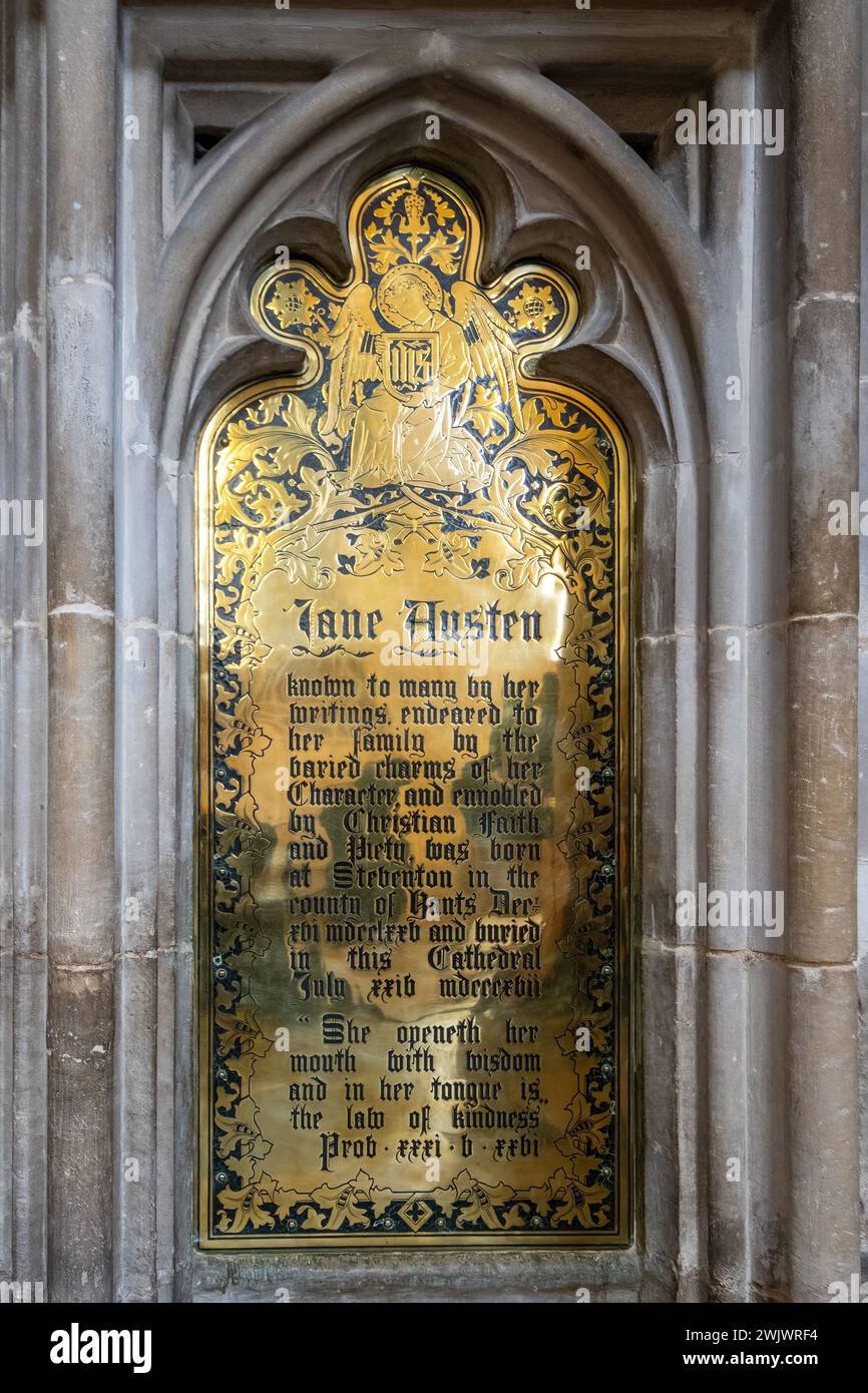 Memorial brass to author Jane Austen in Winchester Cathedral, Hampshire, England, UK Stock Photo