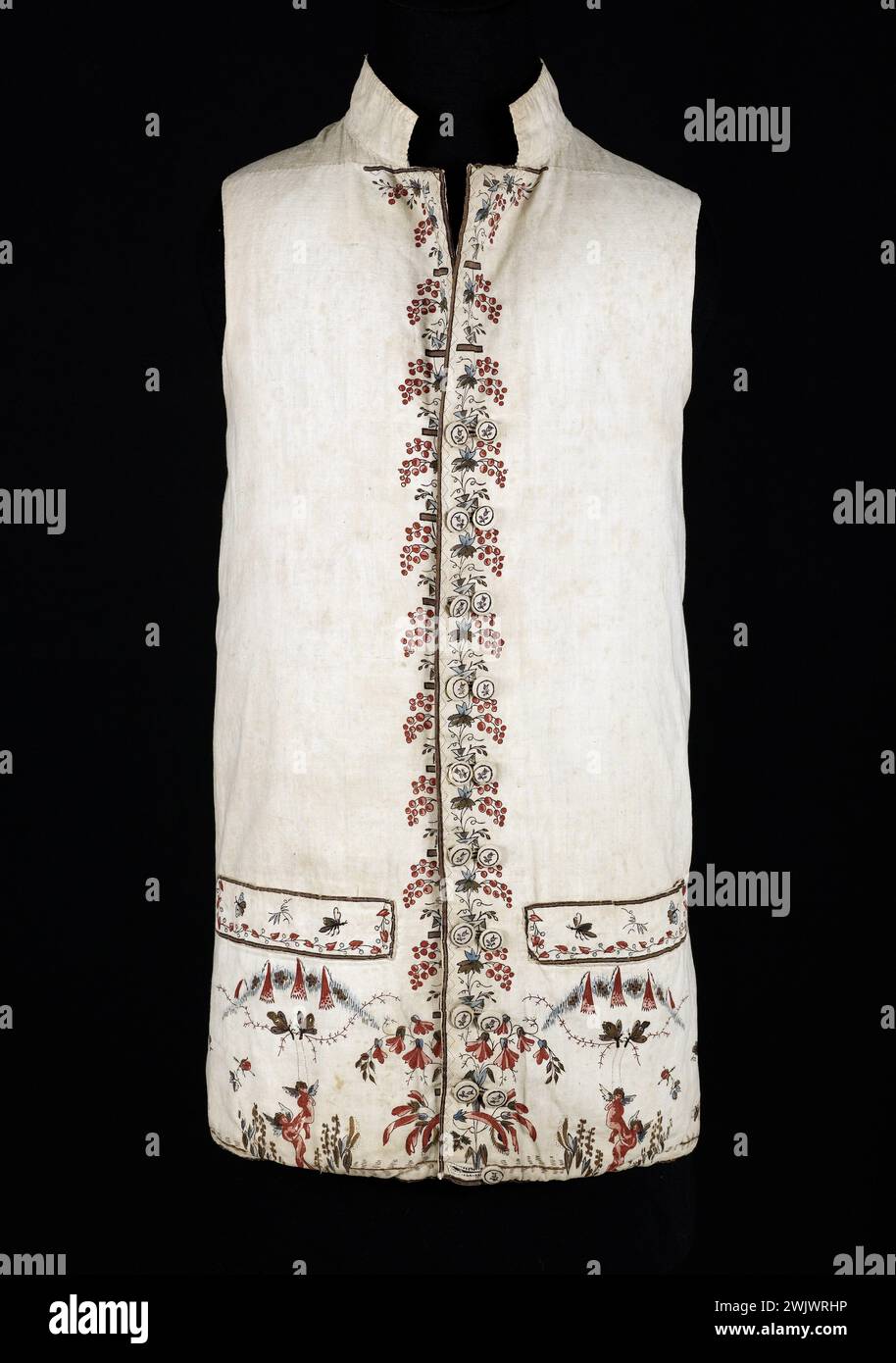 Vest. Canvas, cotton printed with wooden board, five colors, wooden buttons covered with printed fabric, 1785-1795. Galliera, fashion museum of the city of Paris. 53916-4 Cotton, flower, vest, man, print, male mode, canvas, 18th century Stock Photo