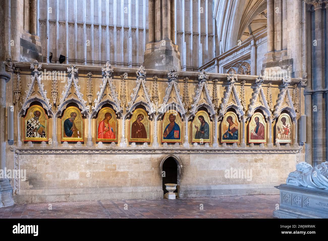 The icons in the Retro-Choir of Winchester Cathedral, Hampshire, England, UK, late 20th century icons by Sergei Fyodorov including Saint Swithun Stock Photo