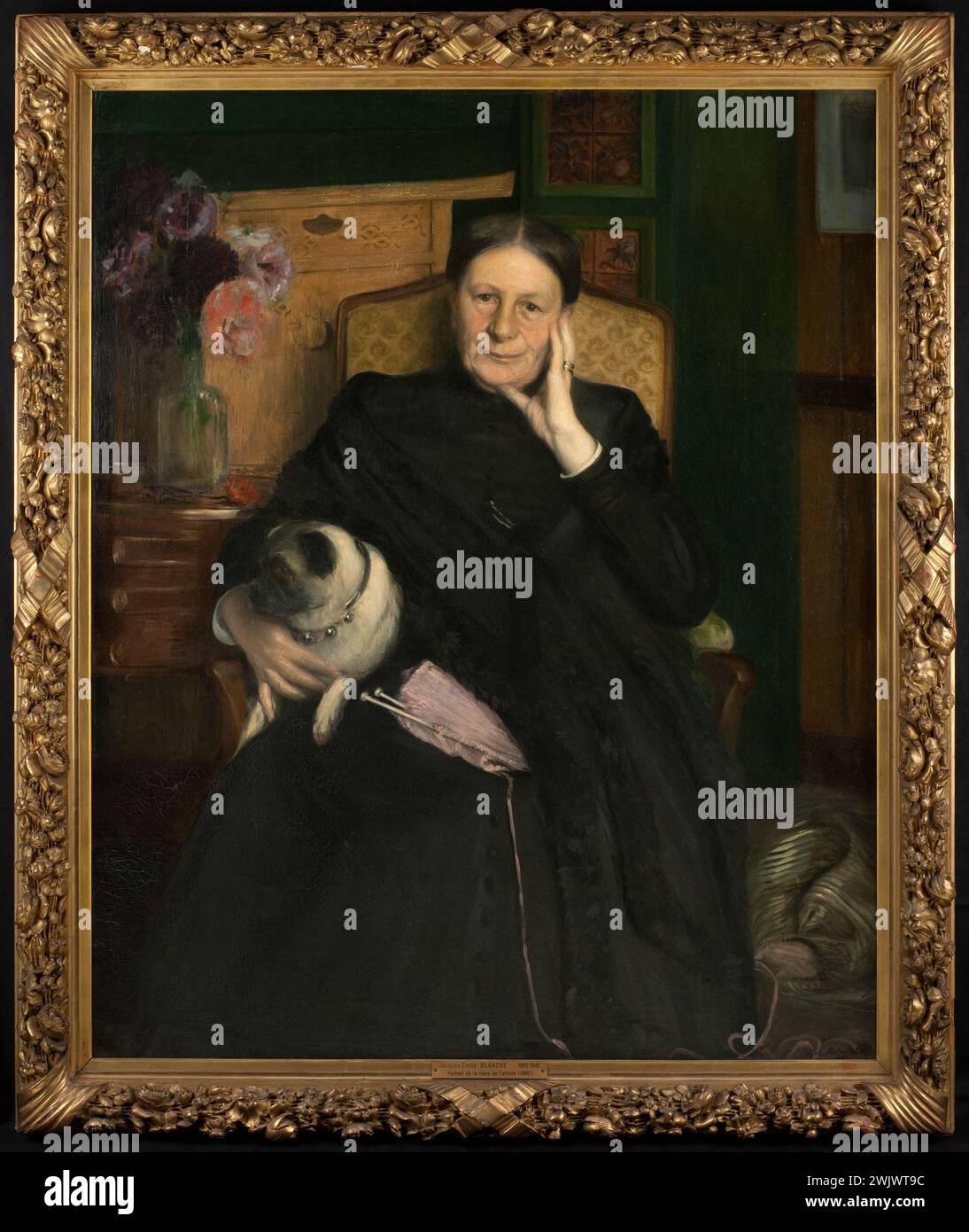 Jacques-Emile Blanche (1861-1942). 'Ms. Emile Blanche, mother of the artist'. Oil on canvas, 1890. Museum of Fine Arts of the city of Paris, Petit Palais. Ms. Emile Blanche, mother of the artist Aiguille, seat, black clothes, black dress, dignite, dignity, dog, wool wire, french painter, inside, interior, interior, knit, knitting needle, knitting pine, knitting, look, mother, mother, nedle, black, old woman , Work, painter, painter, french painter, person age, people in nature, portrait, gaze, black dress, senior, severe, severerite, sit, solemn, knitting, knitting, black vetement, interior vi Stock Photo