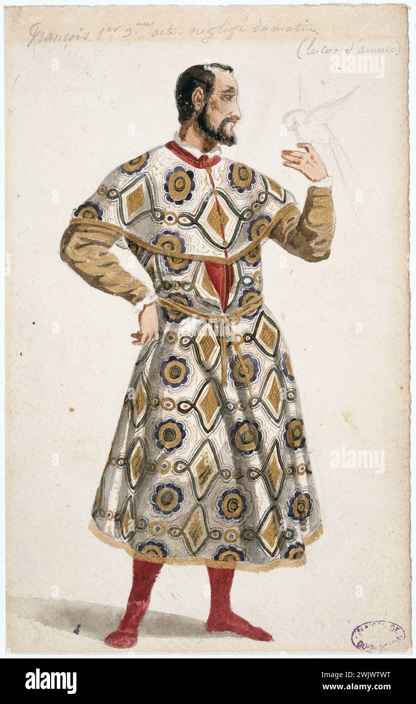 Louis Boulanger (1806-1867). 'Costume model for François I neglected in the morning, Act III, in the creation of the King has fun at the Comédie Française on November 22, 1832'. Watercolor. Paris, house of Victor Hugo. 38944-19 Act III, actor, French comedy, Scene costume, in the foot, model, Neglige, bird, portrait, king France, king has fun, 19th 19th 19th 19th 19th 19th 19th century, watercolor Stock Photo