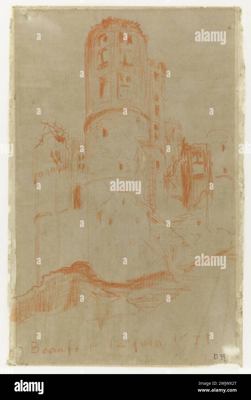 Victor Hugo (1802-1885). 'Beaufort'. Red pencil. 1871. Paris, house of Victor Hugo. 60600-7 Chateau-Fort, MEDIEVALE CONSTRUCTION, Red-colored pencil, drawing, tower, view in counter-the-line, 19th XIXth 19th 19th 19th 19th century Stock Photo