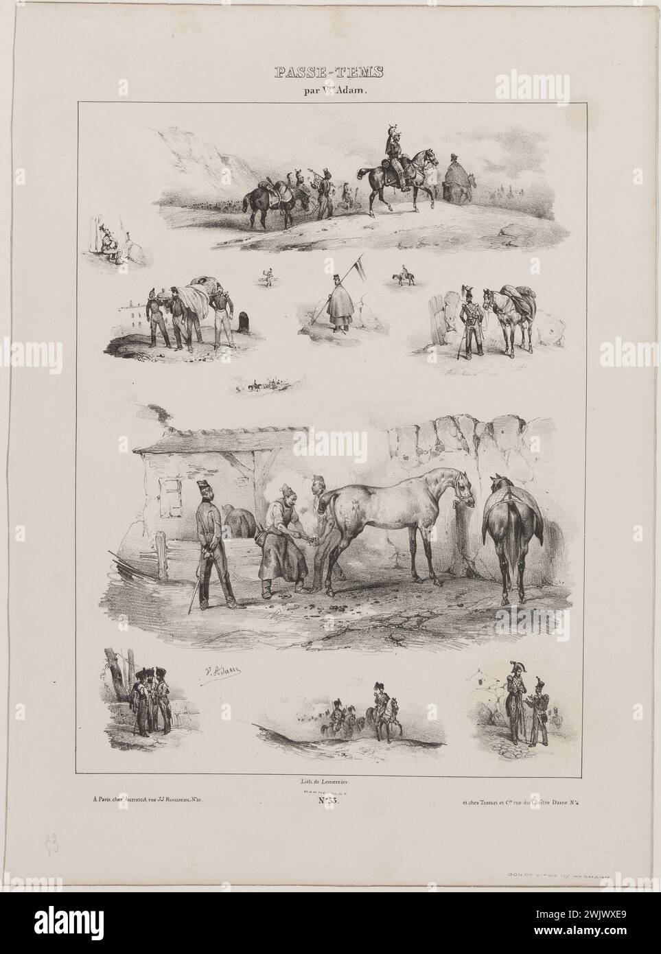 Jean-Victor Adam, known as Victor Adam (1801-1866), French painter and lithographer. Album 'Passe-temps' (Pl.53). Lithography, 19th century. Paris, Carnavalet museum. 78051-3 Passe-time album, rider, horse, drawing, ferrer, illustration, lithography, character, soldier, 19th 19th 19th 19th 19th 19th century, animal Stock Photo