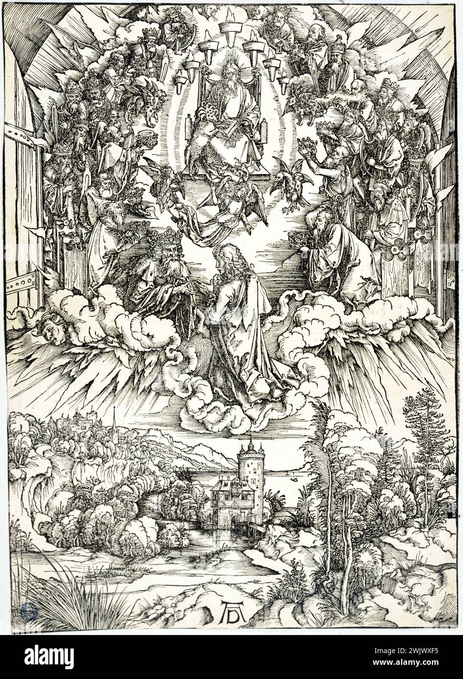 Albrecht Dürer (1471-1528). 'The Apocalypse - Saint John before God and the 24 old people', B 63 - 1st German edition. Engraved wood. Museum of Fine Arts of the City of Paris, Petit Palais. 35442-10 Apocalypse, apotre, bible, serious wood, Catholic, Christian, God, end of the world, biblical scene, saint, old man, engraving Stock Photo