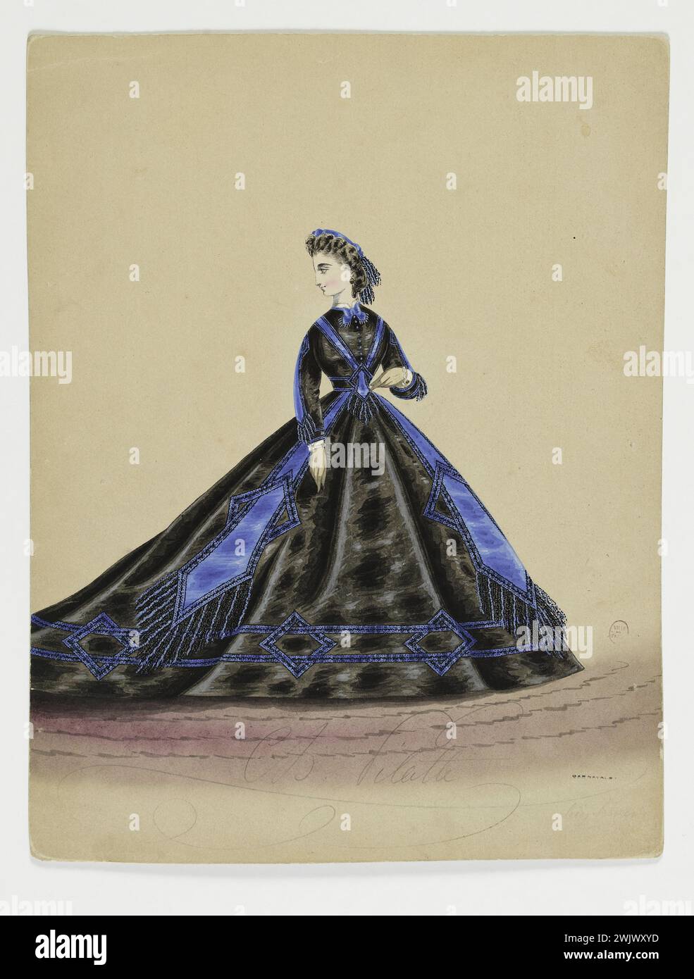Charles Pilatte for the Ghys house. Model-figure for seamstress. Black town dress, with blue flowerhouse decor; bottom of the skirt decorated with a frieze made up of two biases joined by blue diamonds, model of Madame Ghys. Watercolor on cardboard. 1860-1870. Galliera, fashion museum of the city of Paris. 37835-20 Watercolor on Carton, Bas Ornee, Joint Bias, Two, Female, Fair composed, Young woman, Blue Losange, Ghys house, Figure model, female model, black, blue passementerie, for couturiere, dress of town, Second Empire Stock Photo