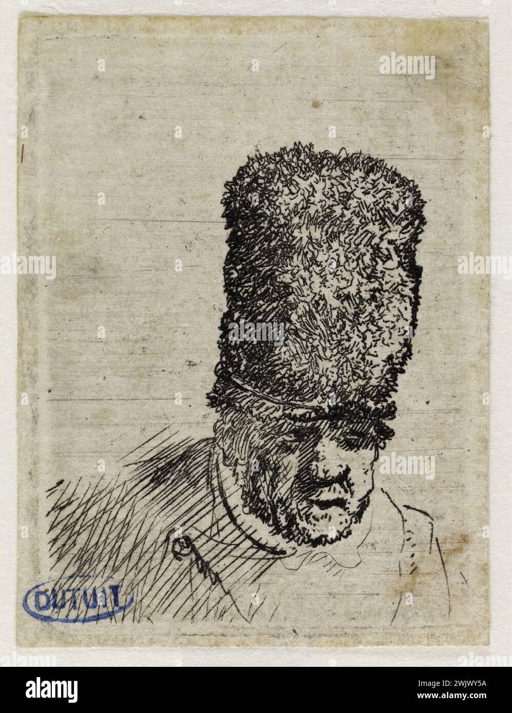 Rembrandt Harmenszoon van Rijn (1606-1669), Dutch painter. Head of an old man with a large stuffed hat: bust (Bartsch 299). Etching on European paper. Museum of Fine Arts of the City of Paris, Petit Palais. 78834-3 Bonnet Fourre, chiaroscuro, headdress, Dutch school, in bust, fur, portrait, baroque style, old man, old man, XVIIth 17th 18th 17th 17th 17th century, hat Stock Photo