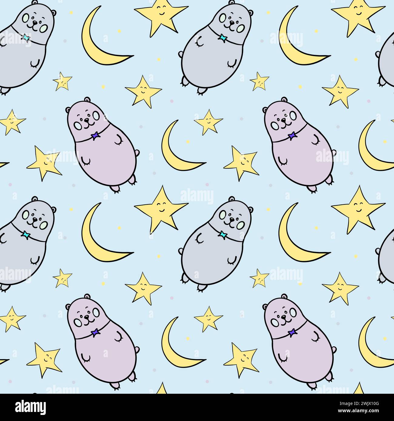 Seamless pattern with cartoon bear. Grizzly bear, moon and star. Design for children's products Stock Photo